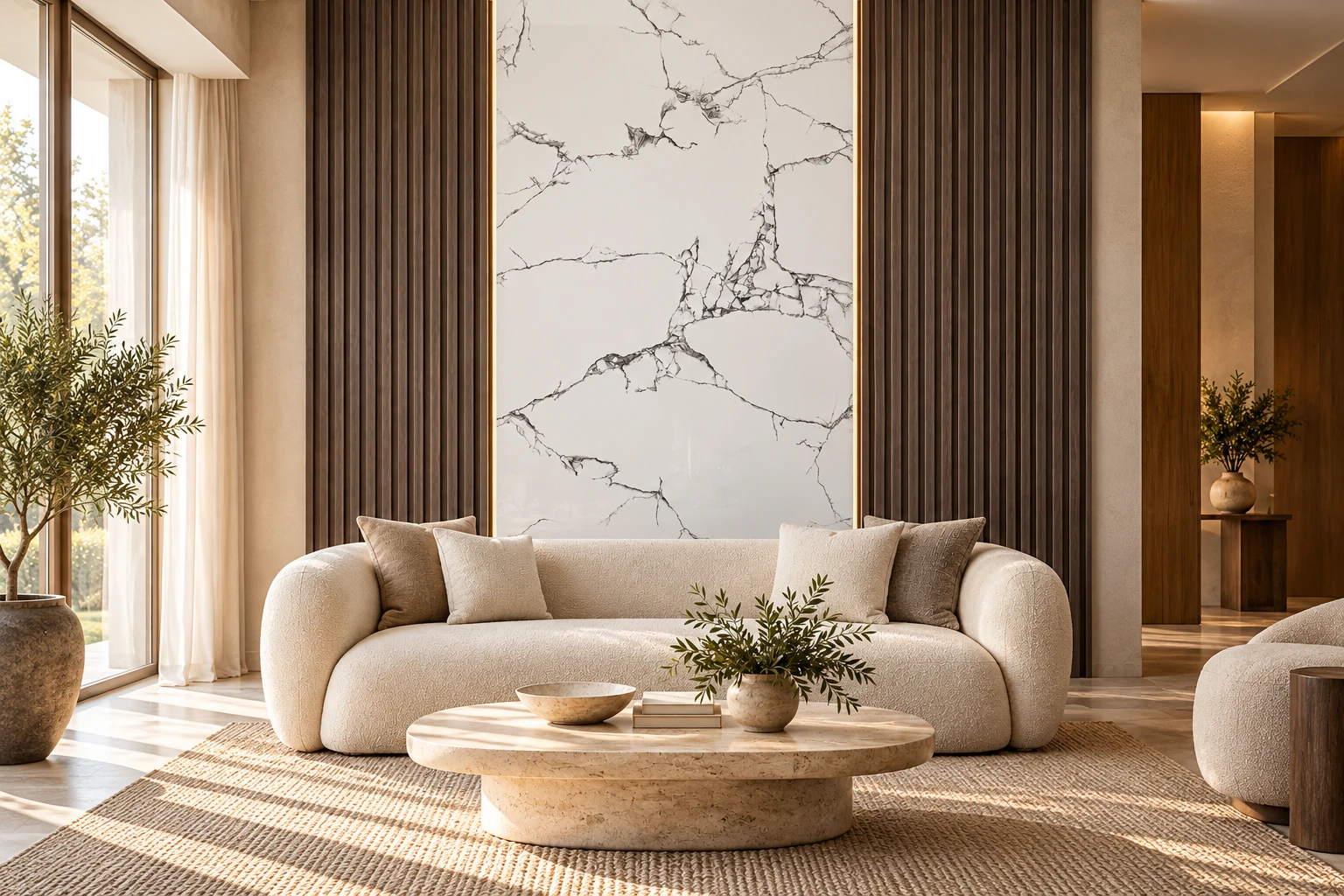 Design inspiration: one white marble-look panel framed by dark fluted wood, behind a cream sofa